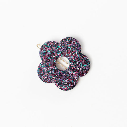 Barrette ronde - Fleur Lie de vin Vert Parme